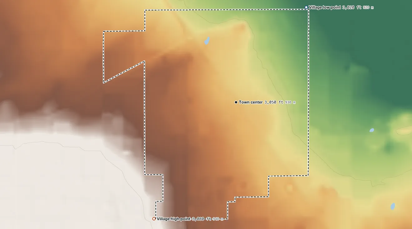Topographic elevation map of Loving, New Mexico, shaded from 3,020 ft on the northeast side to 3,080 ft on the southwest side
