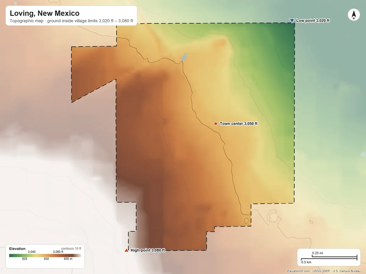 Topographic elevation map of Loving, New Mexico, shaded from 3,020 ft on the northeast side to 3,080 ft on the southwest side