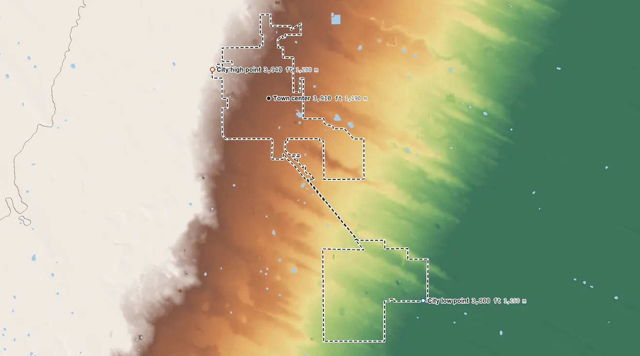 Topographic elevation map of Lovington, New Mexico, shaded from 3,800 ft on the southeast side to 3,940 ft on the northwest side