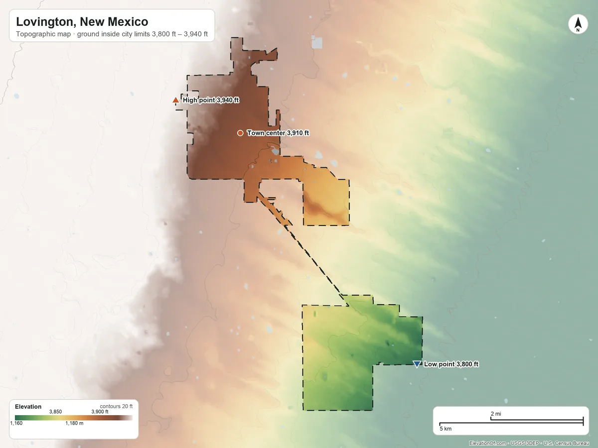 Topographic elevation map of Lovington, New Mexico, shaded from 3,800 ft on the southeast side to 3,940 ft on the northwest side