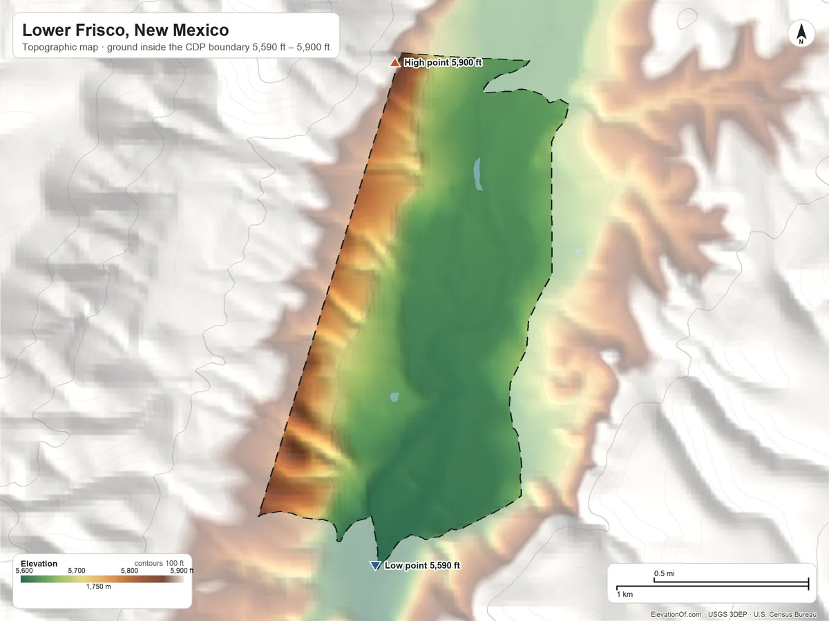 Topographic elevation map of Lower Frisco, New Mexico, shaded from 5,590 ft on the south side to 5,900 ft at the foot of the Saliz Mountains