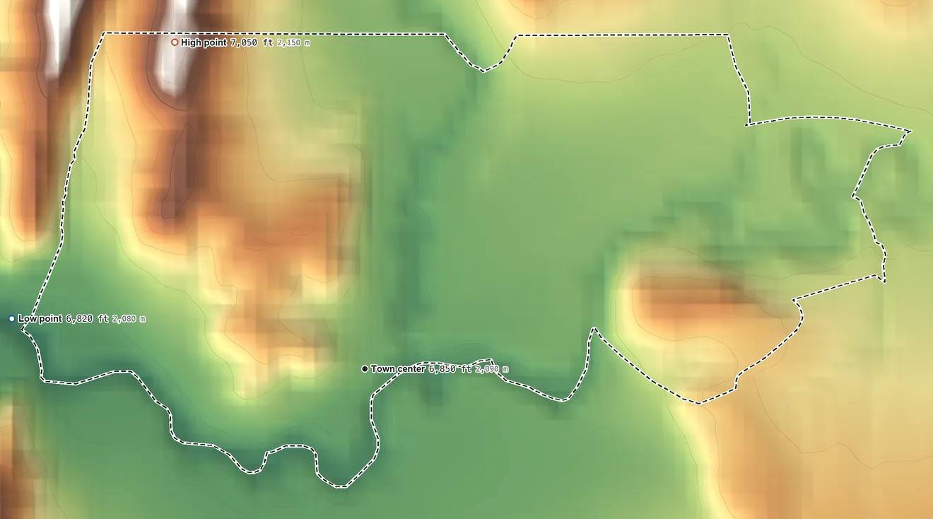 Topographic elevation map of Lumberton, New Mexico, shaded from 6,820 ft on the west side to 7,050 ft on the northwest edge, below higher ground just outside