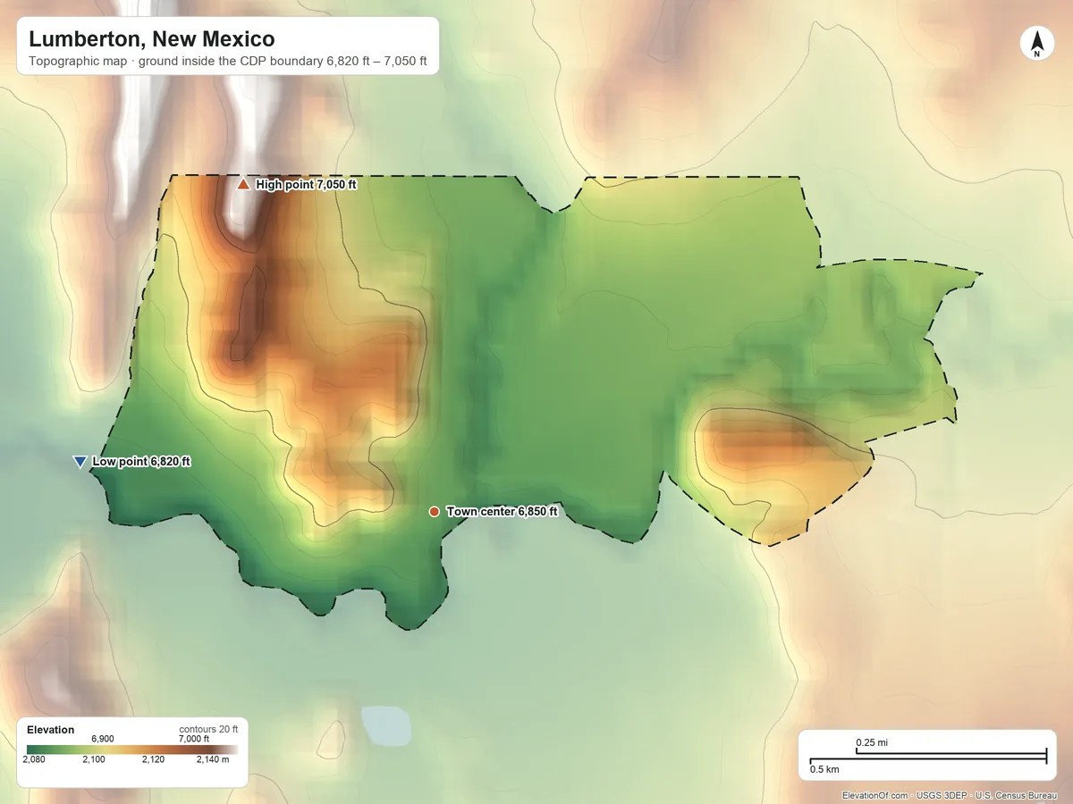 Topographic elevation map of Lumberton, New Mexico, shaded from 6,820 ft on the west side to 7,050 ft on the northwest edge, below higher ground just outside