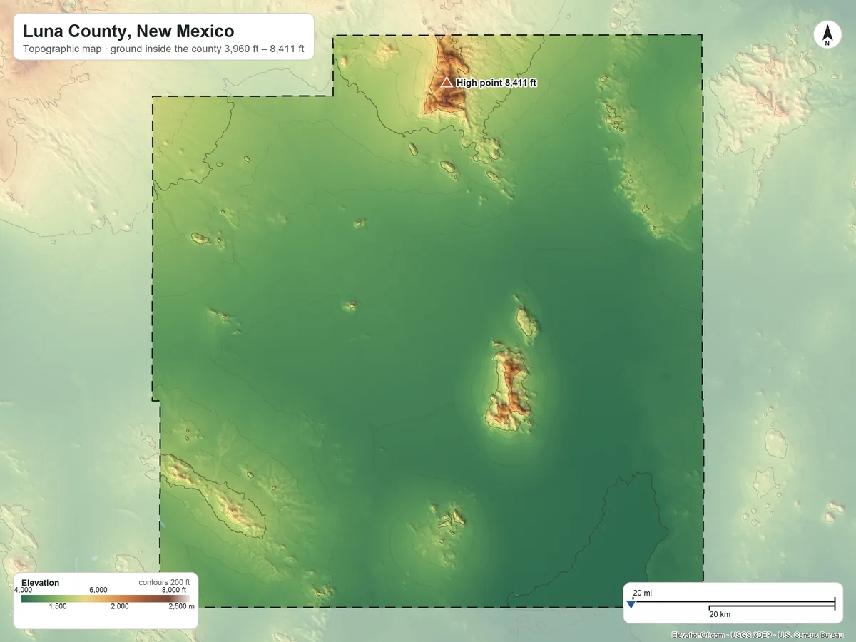 Topographic elevation map of Luna County, New Mexico, shaded from 3,960 ft on the southeast side to 8,411 ft on Cookes Peak