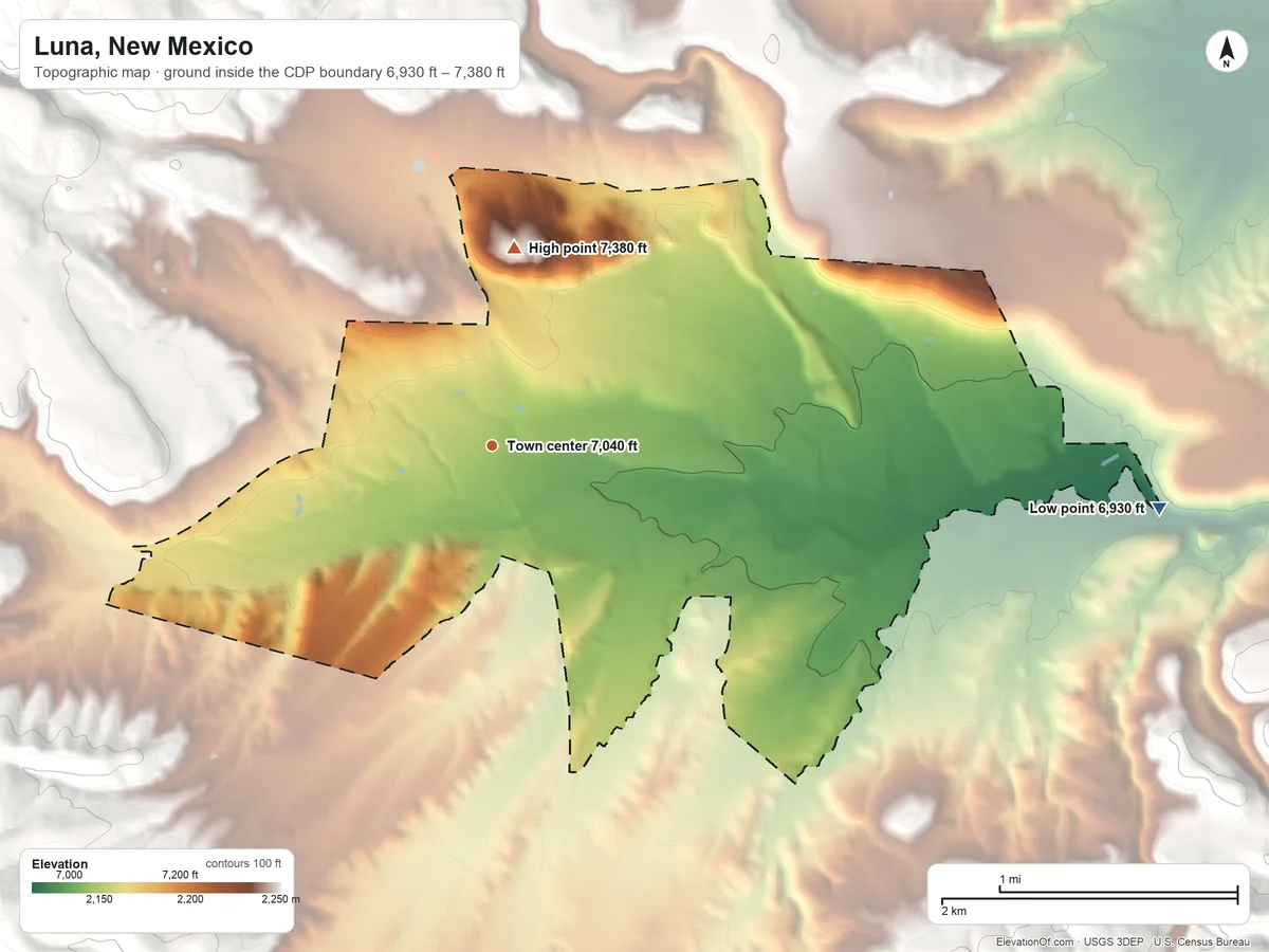 Topographic elevation map of Luna, New Mexico, shaded from 6,930 ft on the east side to 7,380 ft at the foot of the San Francisco Mountains