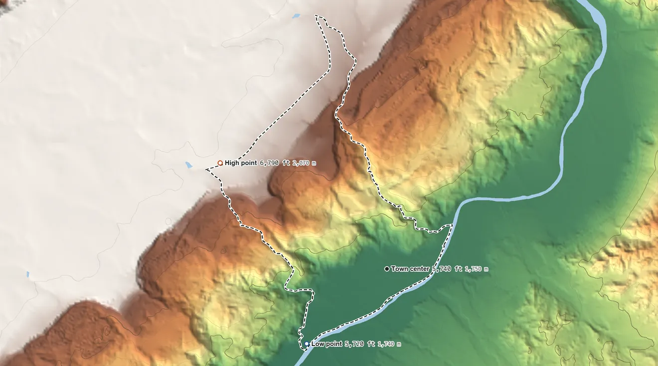 Topographic elevation map of Lyden, New Mexico, shaded from 5,720 ft on the southwest side to 6,790 ft on the northwest side