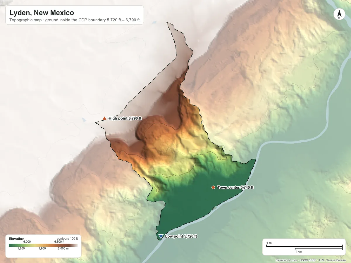 Topographic elevation map of Lyden, New Mexico, shaded from 5,720 ft on the southwest side to 6,790 ft on the northwest side