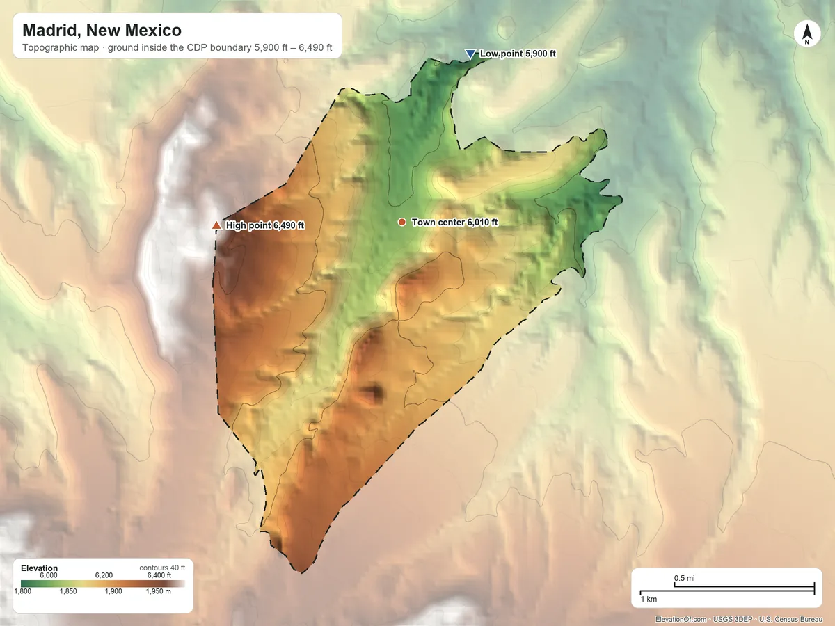 Topographic elevation map of Madrid, New Mexico, shaded from 5,900 ft on the north side to 6,490 ft at the foot of the Ortiz Mountains