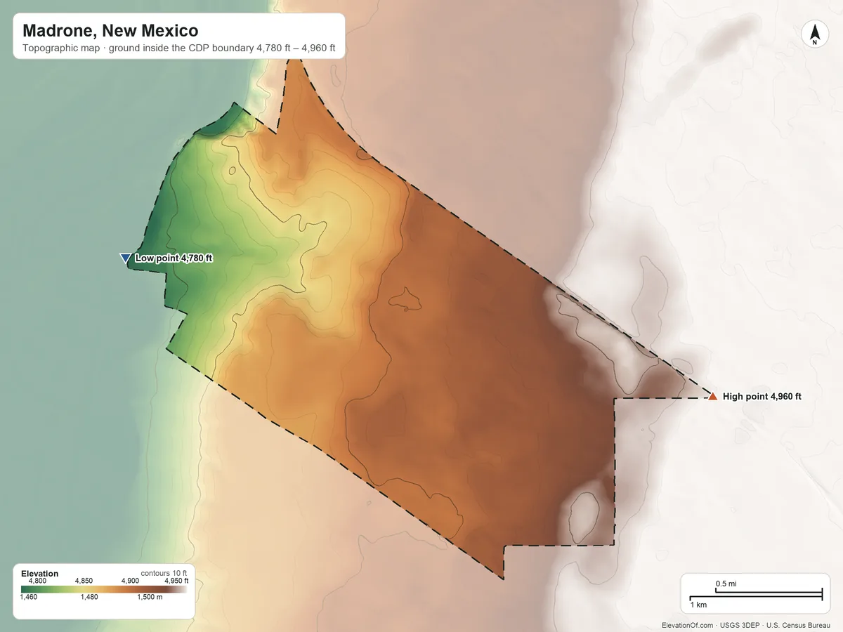 Topographic elevation map of Madrone, New Mexico, shaded from 4,780 ft on the west side to 4,960 ft on the east side