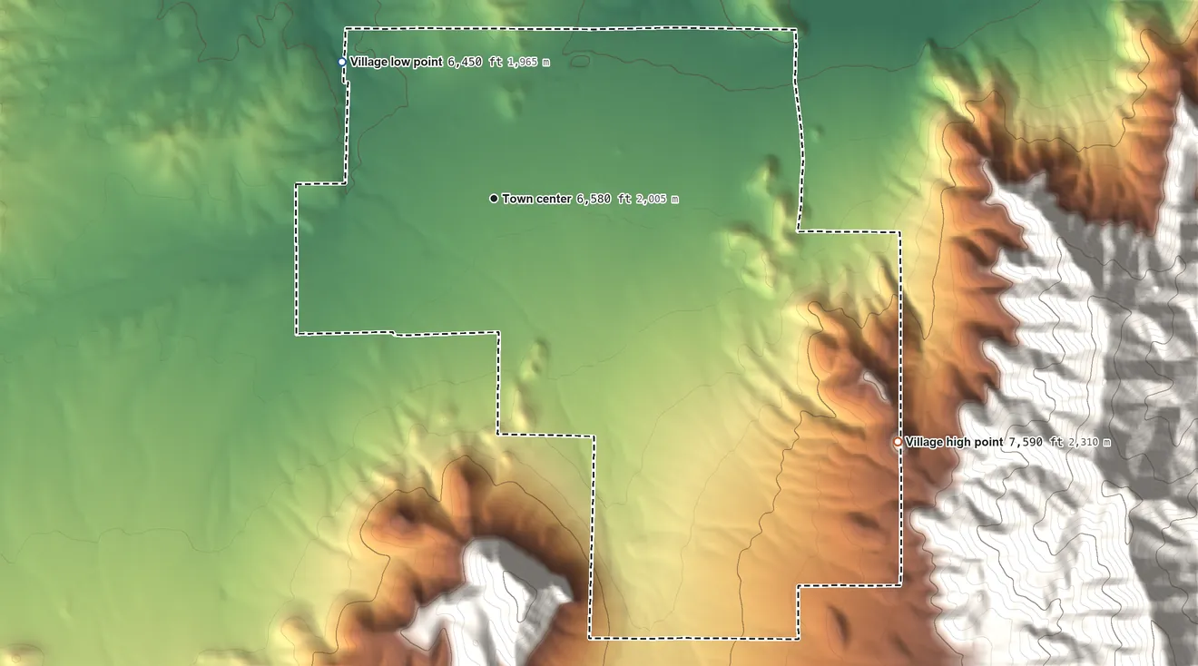 Topographic elevation map of Magdalena, New Mexico, shaded from 6,450 ft on the northwest side to 7,590 ft on Baxter Peak