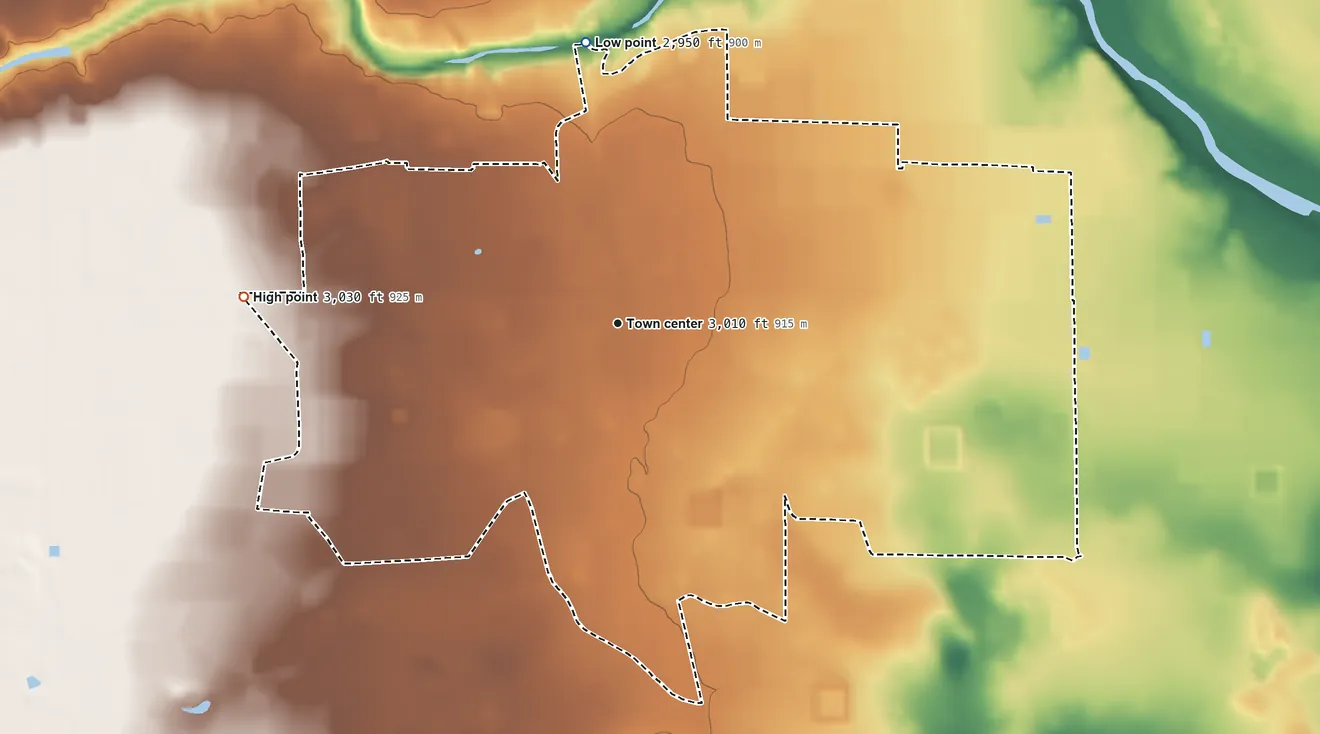 Topographic elevation map of Malaga, New Mexico, shaded from 2,950 ft on the north side to 3,030 ft on the west side
