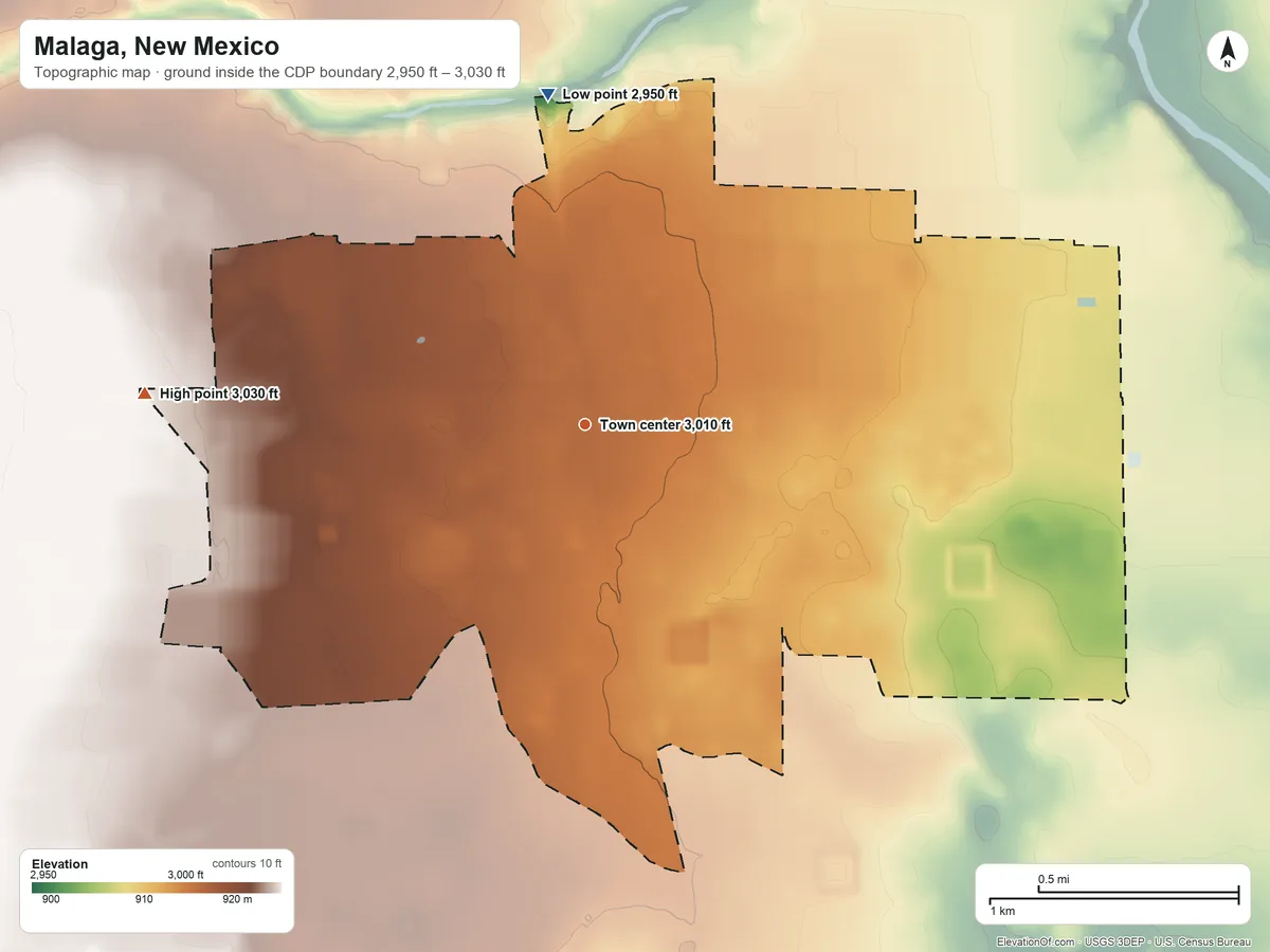 Topographic elevation map of Malaga, New Mexico, shaded from 2,950 ft on the north side to 3,030 ft on the west side
