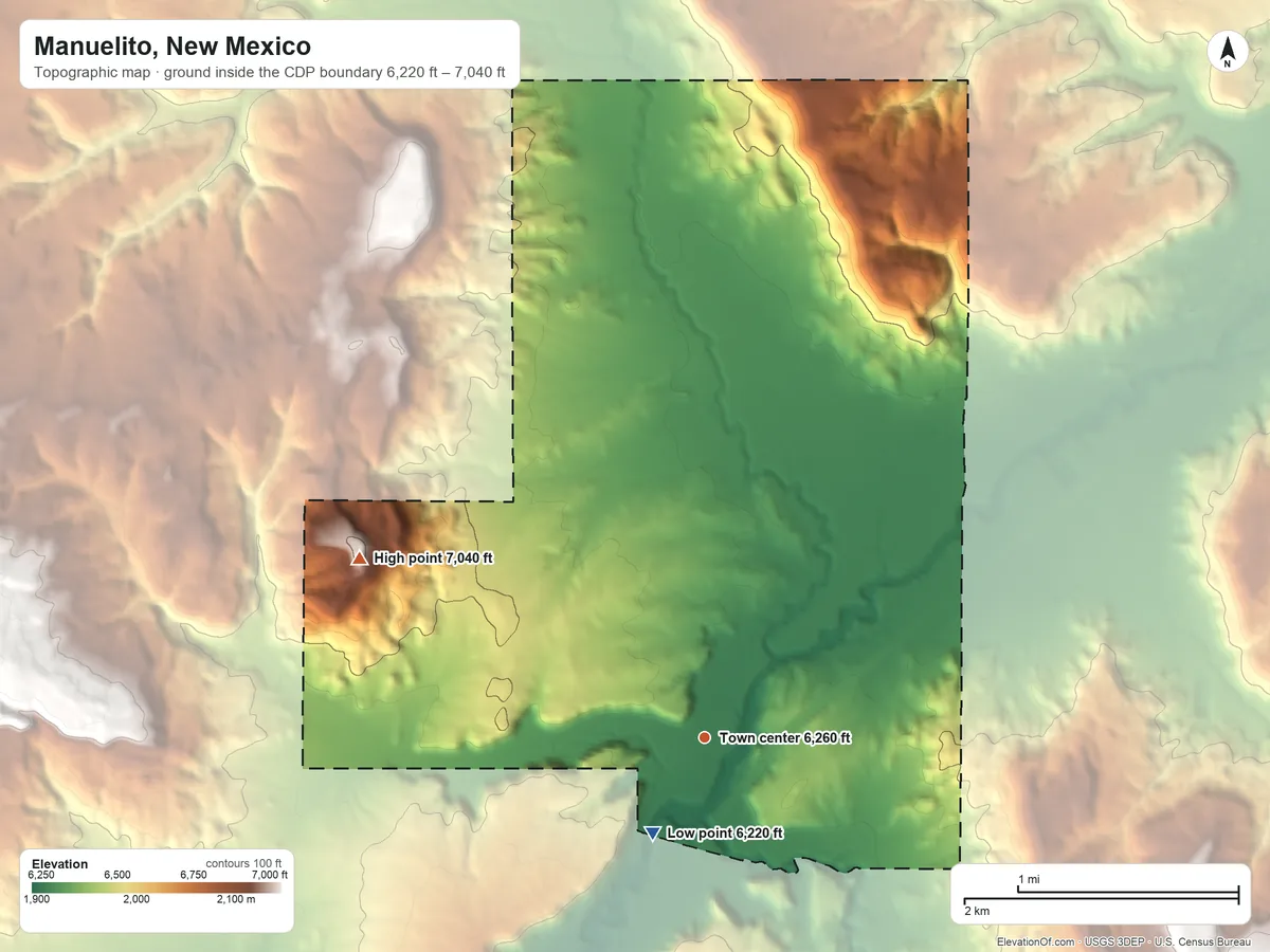 Topographic elevation map of Manuelito, New Mexico, shaded from 6,220 ft on the southwest side to 7,040 ft on the northwest side
