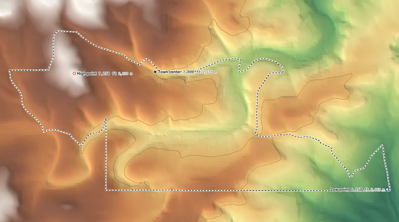 Topographic elevation map of Manzano Springs, New Mexico, shaded from 6,760 ft on the southeast side to 7,250 ft on the west side