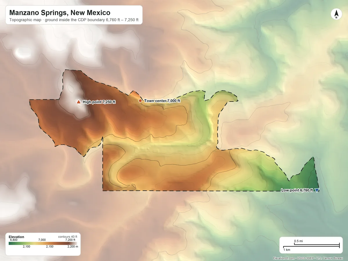 Topographic elevation map of Manzano Springs, New Mexico, shaded from 6,760 ft on the southeast side to 7,250 ft on the west side