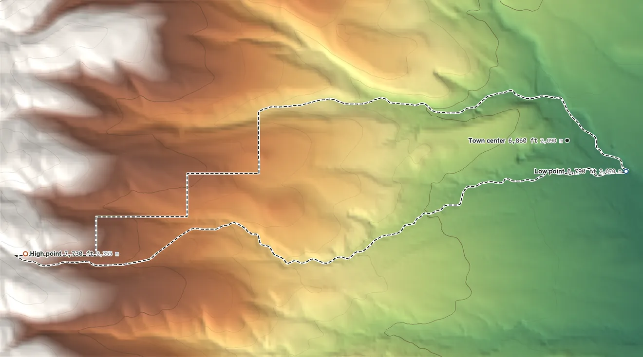 Topographic elevation map of Manzano, New Mexico, shaded from 6,790 ft on the southeast side to 7,730 ft at the foot of the Manzano Mountains