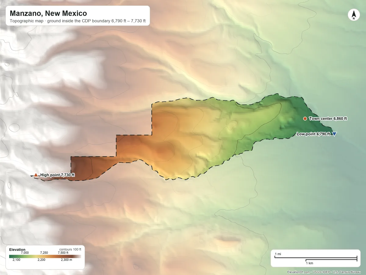 Topographic elevation map of Manzano, New Mexico, shaded from 6,790 ft on the southeast side to 7,730 ft at the foot of the Manzano Mountains