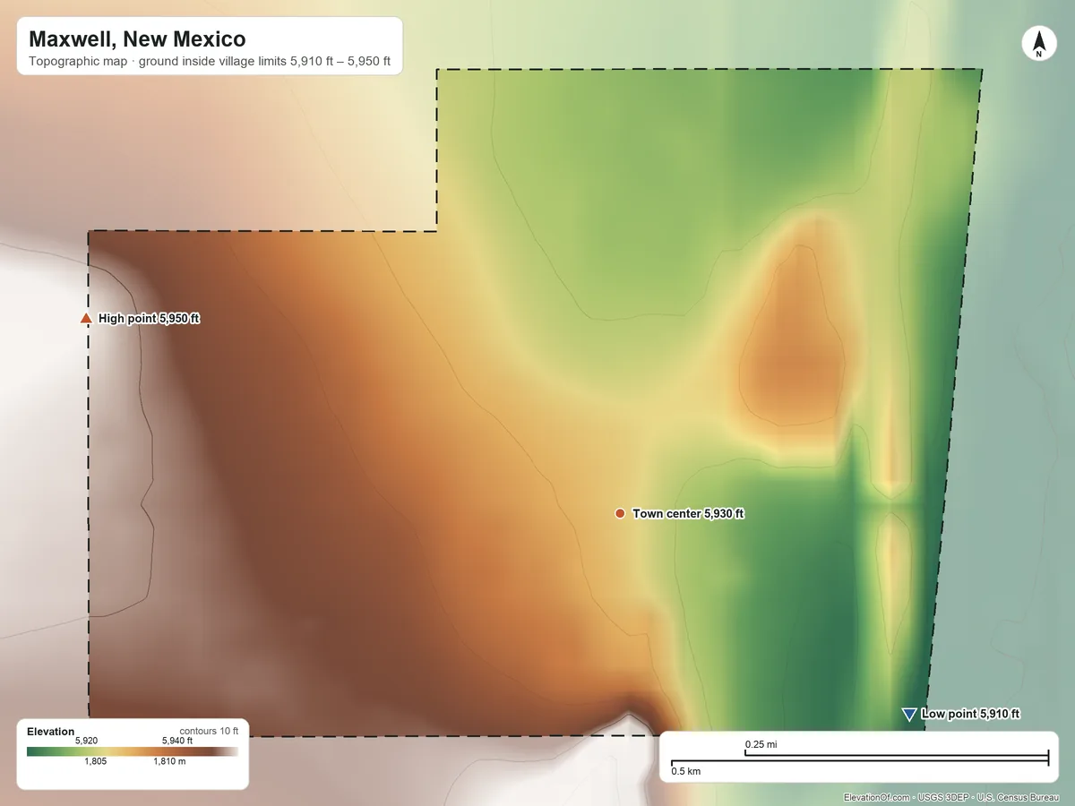 Topographic elevation map of Maxwell, New Mexico, shaded from 5,910 ft on the southeast side to 5,950 ft on the west side