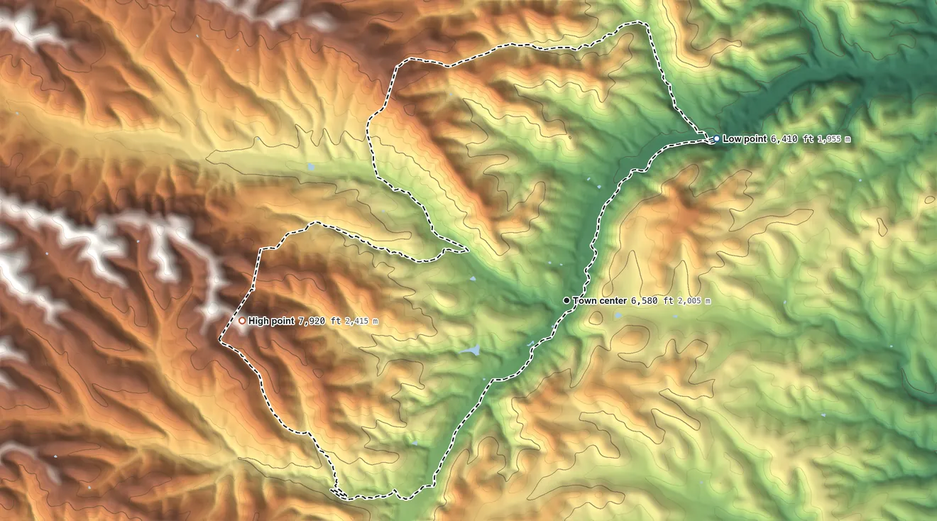 Topographic elevation map of Mayhill, New Mexico, shaded from 6,410 ft on the northeast side to 7,920 ft on the west side