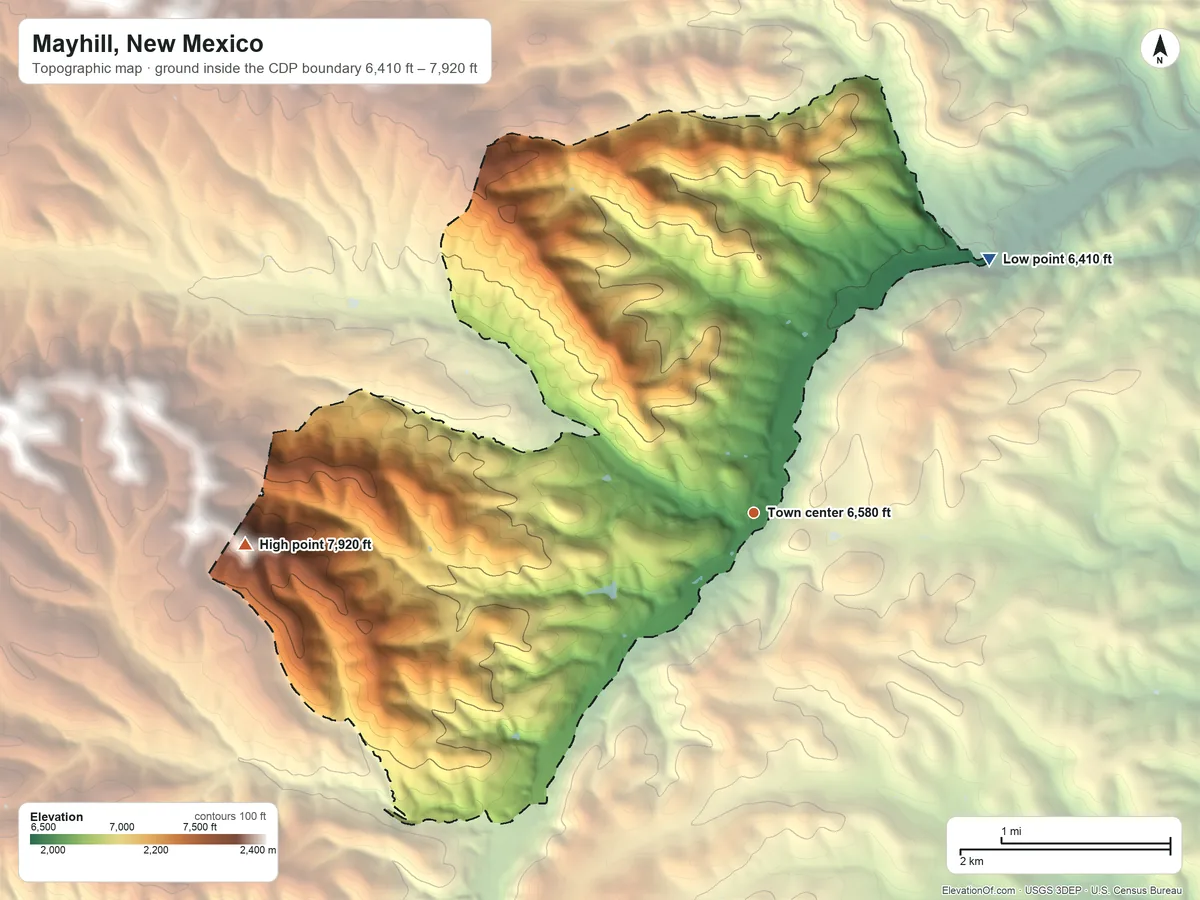 Topographic elevation map of Mayhill, New Mexico, shaded from 6,410 ft on the northeast side to 7,920 ft on the west side
