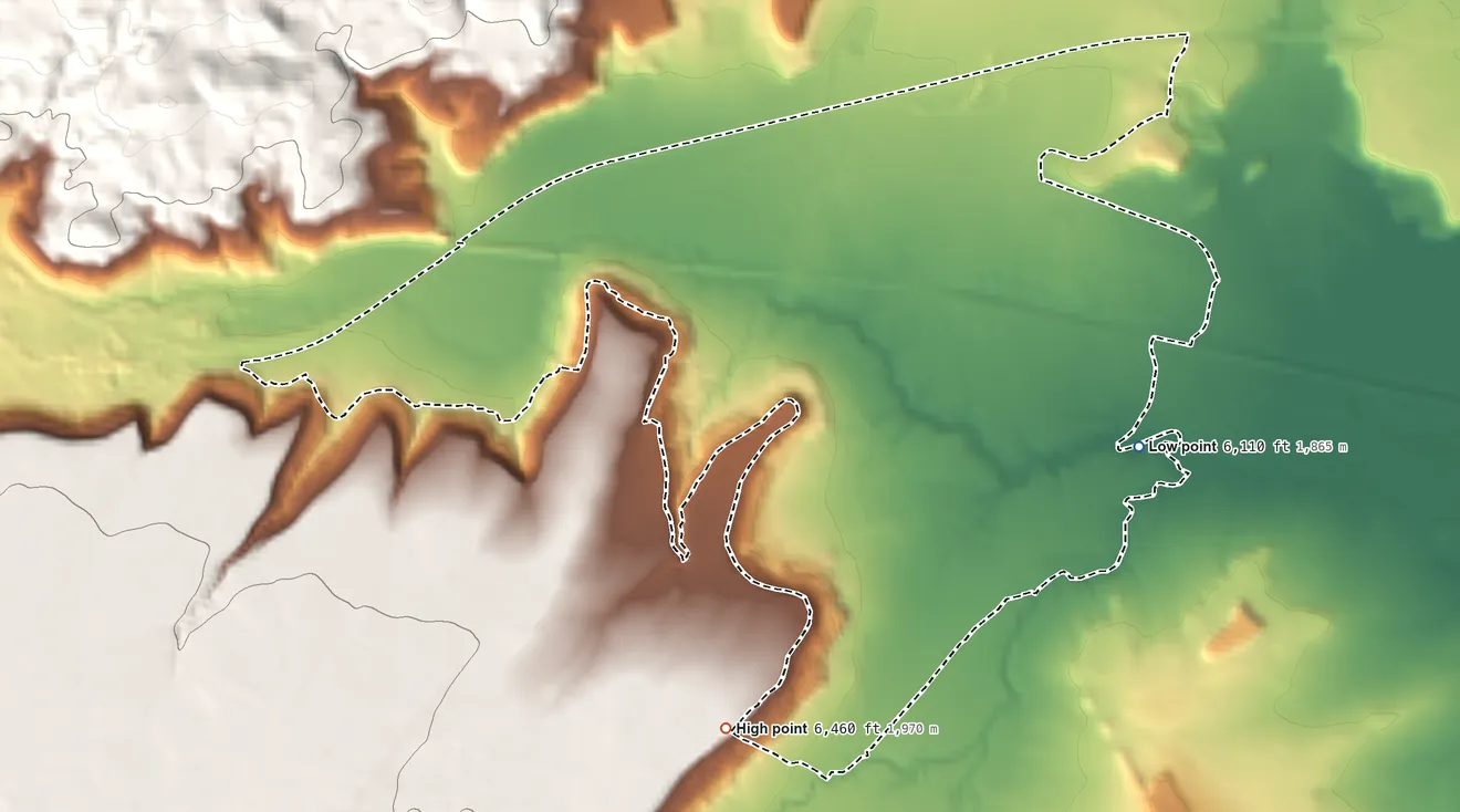 Topographic elevation map of McCartys Village, New Mexico, shaded from 6,110 ft on the east side to 6,460 ft on the south side