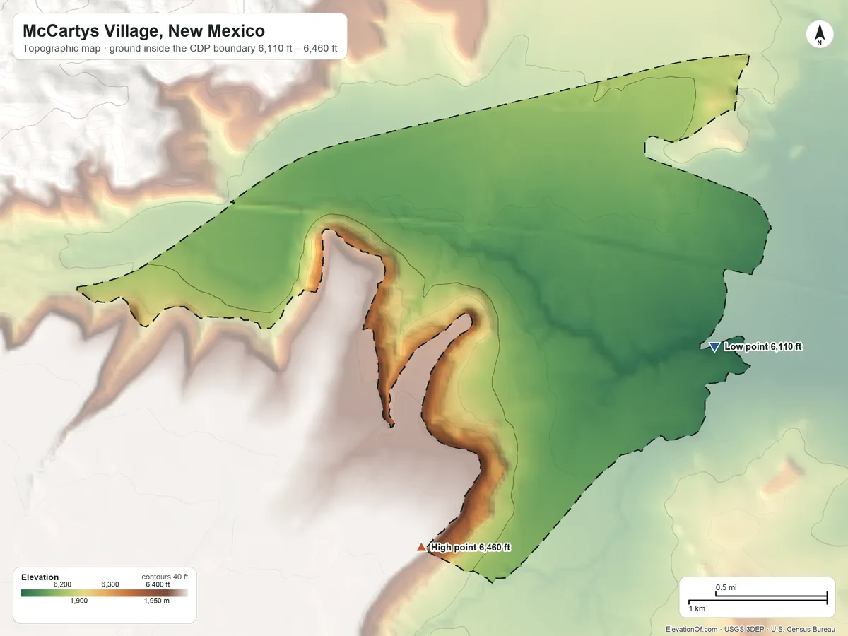 Topographic elevation map of McCartys Village, New Mexico, shaded from 6,110 ft on the east side to 6,460 ft on the south side
