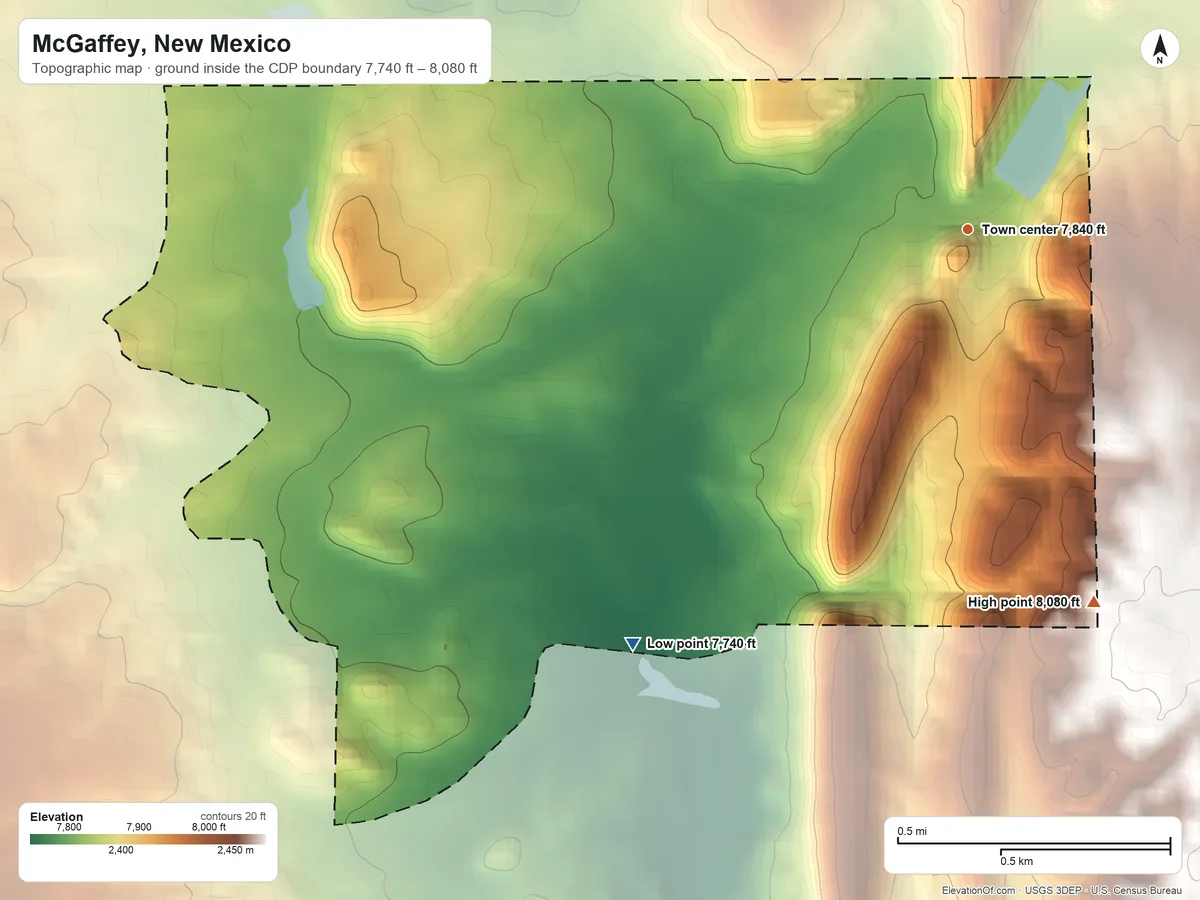 Topographic elevation map of McGaffey, New Mexico, shaded from 7,740 ft on the southwest side to 8,080 ft on the south side