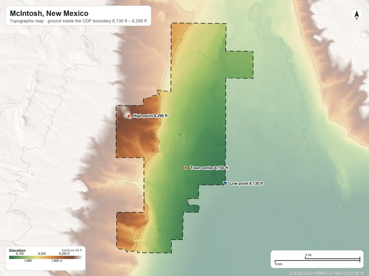 Topographic elevation map of McIntosh, New Mexico, shaded from 6,130 ft on the east side to 6,290 ft on the northwest side