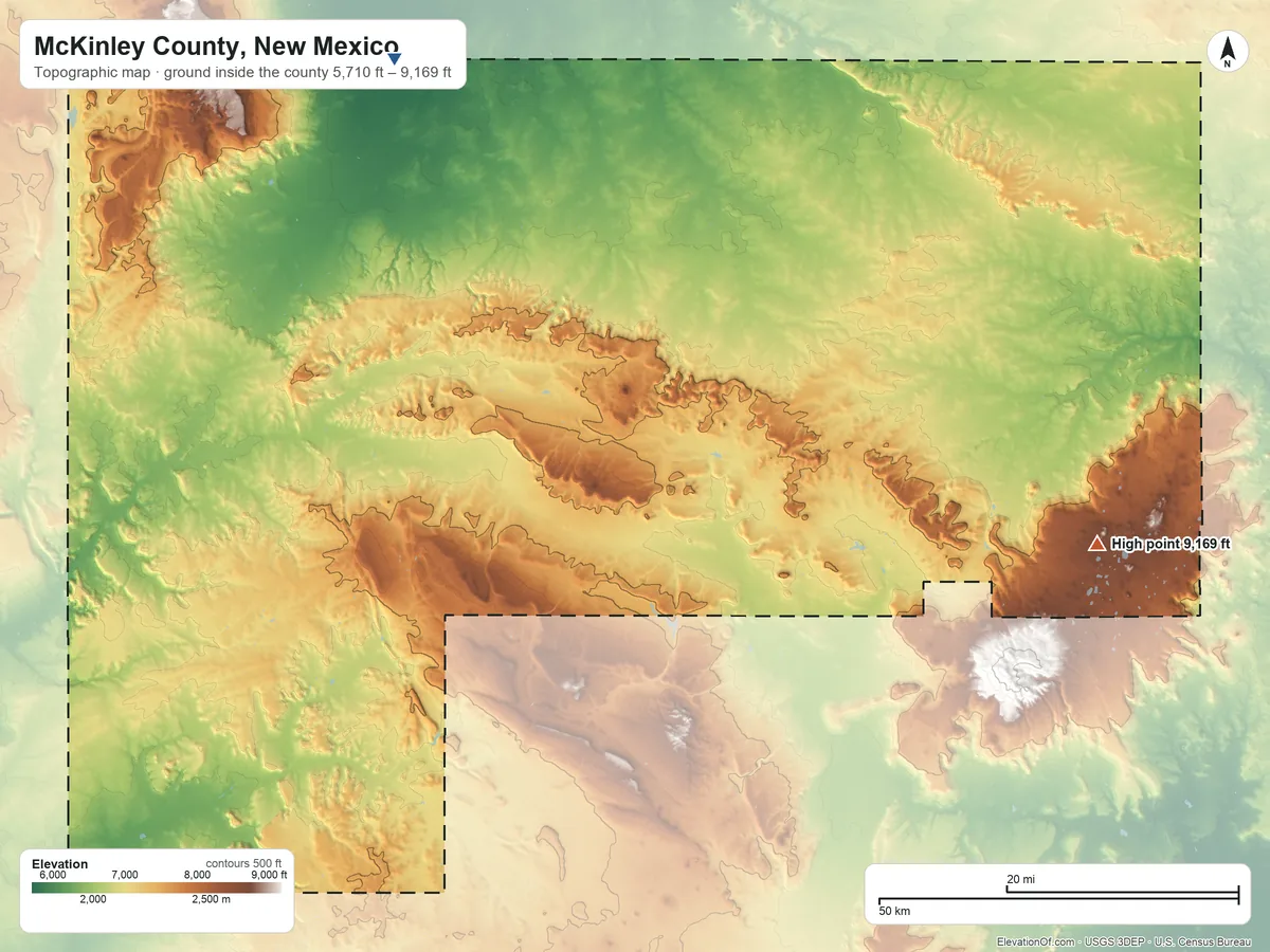 Topographic elevation map of McKinley County, New Mexico, shaded from 5,710 ft on the northwest side to 9,169 ft on Cerros De Alejandro