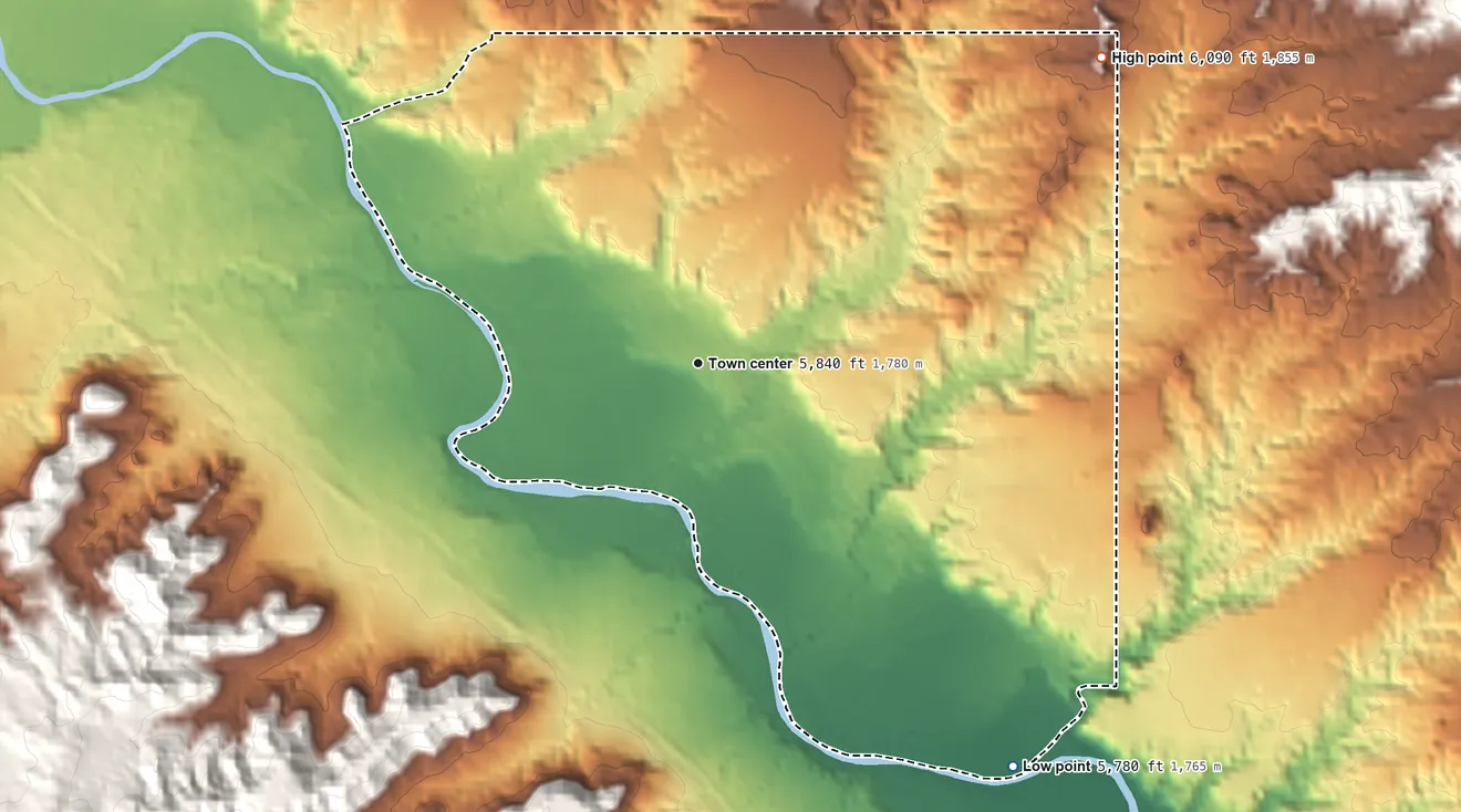 Topographic elevation map of Medanales, New Mexico, shaded from 5,780 ft on the southeast side to 6,090 ft on the northeast side