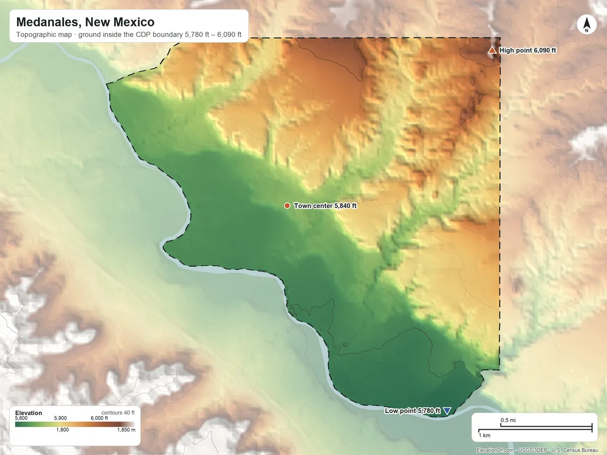 Topographic elevation map of Medanales, New Mexico, shaded from 5,780 ft on the southeast side to 6,090 ft on the northeast side