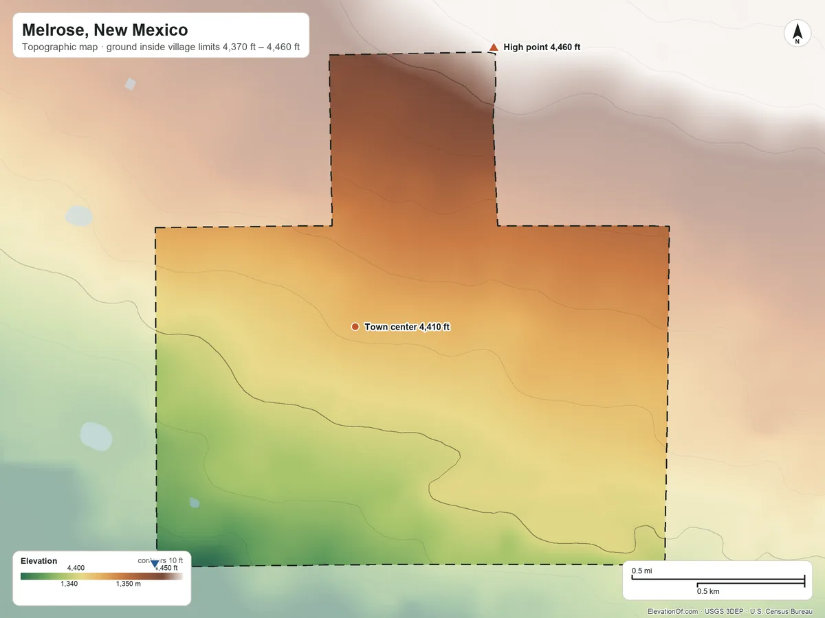 Topographic elevation map of Melrose, New Mexico, shaded from 4,370 ft on the southwest side to 4,460 ft on the northeast side