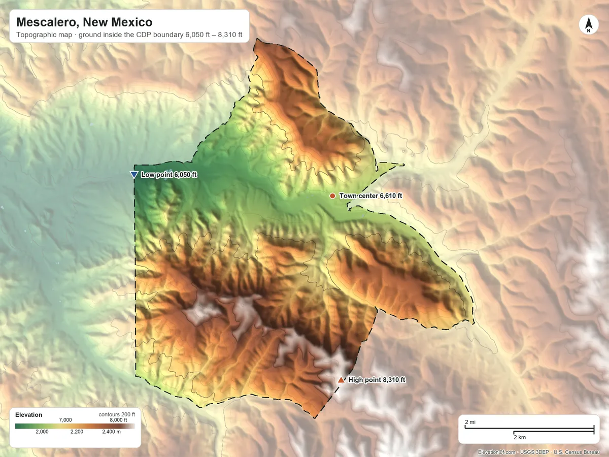 Topographic elevation map of Mescalero, New Mexico, shaded from 6,050 ft on the west side to 8,310 ft on the south side
