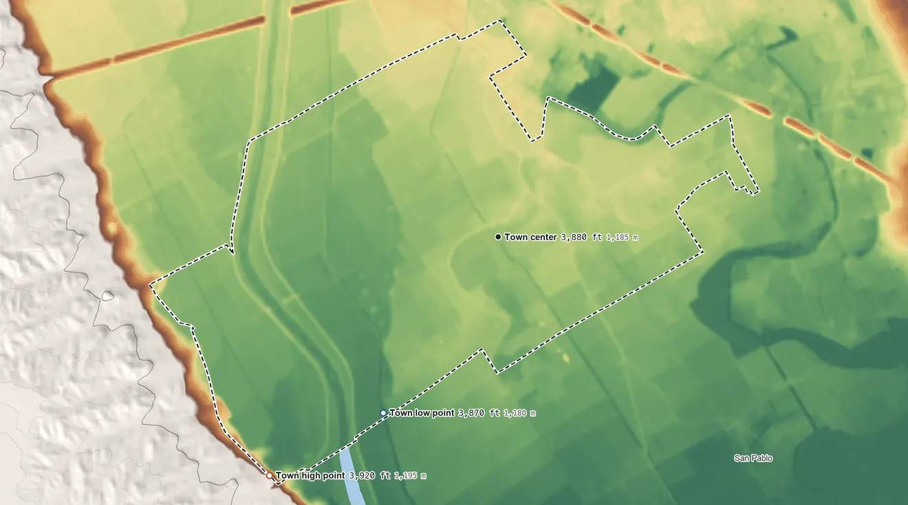 Topographic elevation map of Mesilla, New Mexico, shaded from 3,870 ft on the southwest side to 3,920 ft on the southwest side