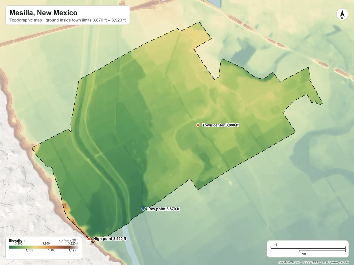 Topographic elevation map of Mesilla, New Mexico, shaded from 3,870 ft on the southwest side to 3,920 ft on the southwest side