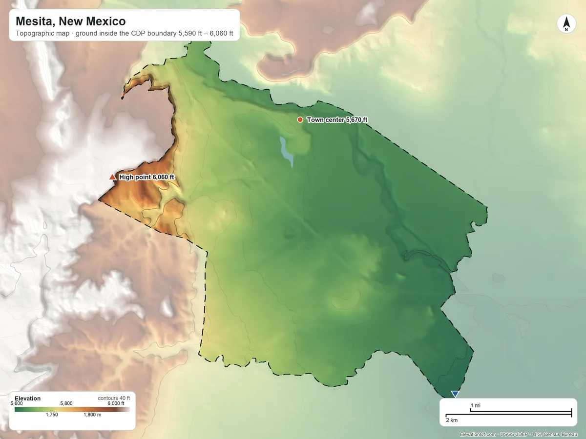 Topographic elevation map of Mesita, New Mexico, shaded from 5,590 ft on the southeast side to 6,060 ft on the west side