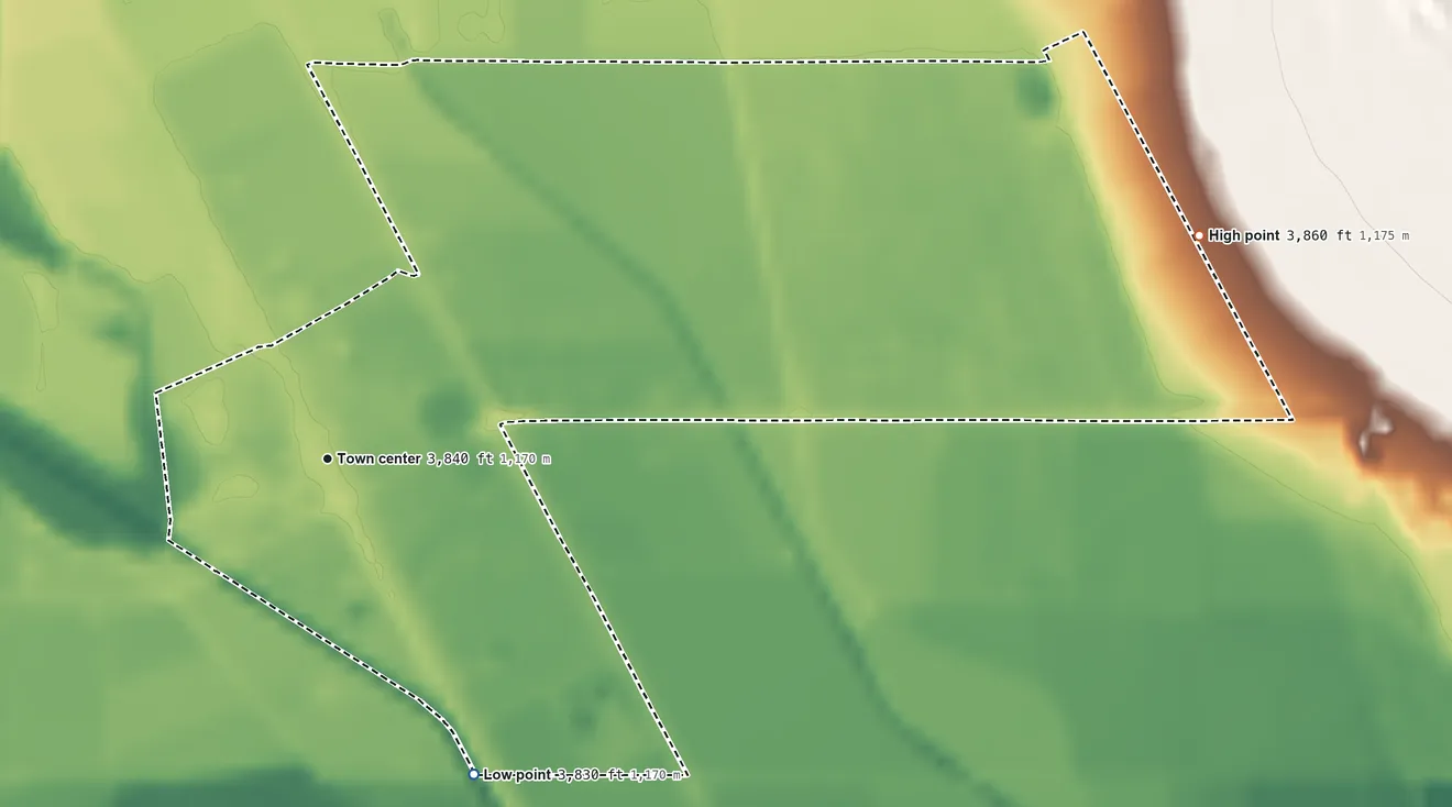 Topographic elevation map of Mesquite, New Mexico, shaded from 3,830 ft on the southeast side to 3,860 ft on the east side
