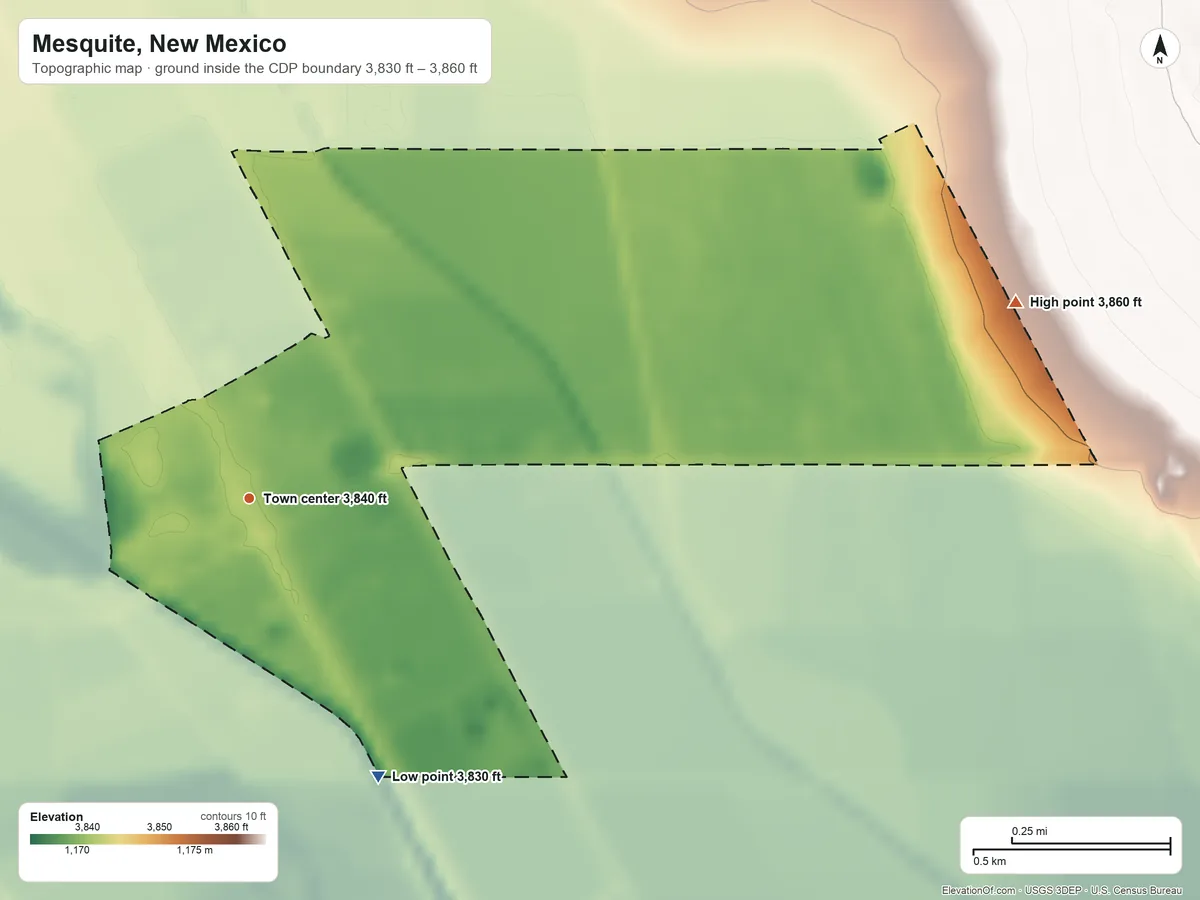 Topographic elevation map of Mesquite, New Mexico, shaded from 3,830 ft on the southeast side to 3,860 ft on the east side