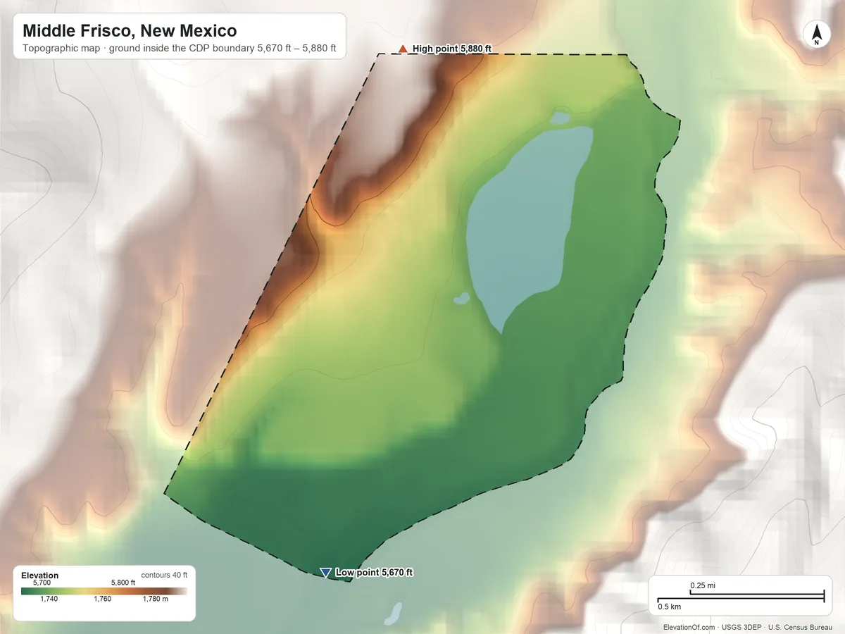 Topographic elevation map of Middle Frisco, New Mexico, shaded from 5,670 ft on the south side to 5,880 ft at the foot of the Saliz Mountains
