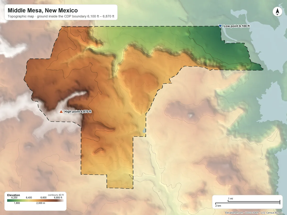 Topographic elevation map of Middle Mesa, New Mexico, shaded from 6,100 ft on the northeast side to 6,870 ft on the southwest side