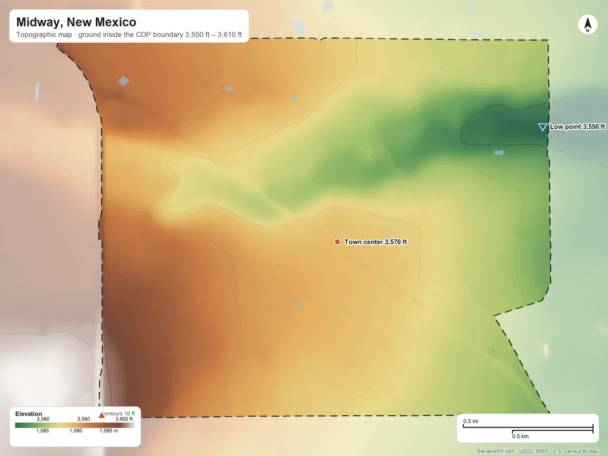 Topographic elevation map of Midway, New Mexico, shaded from 3,550 ft on the northeast side to 3,610 ft on the southwest side