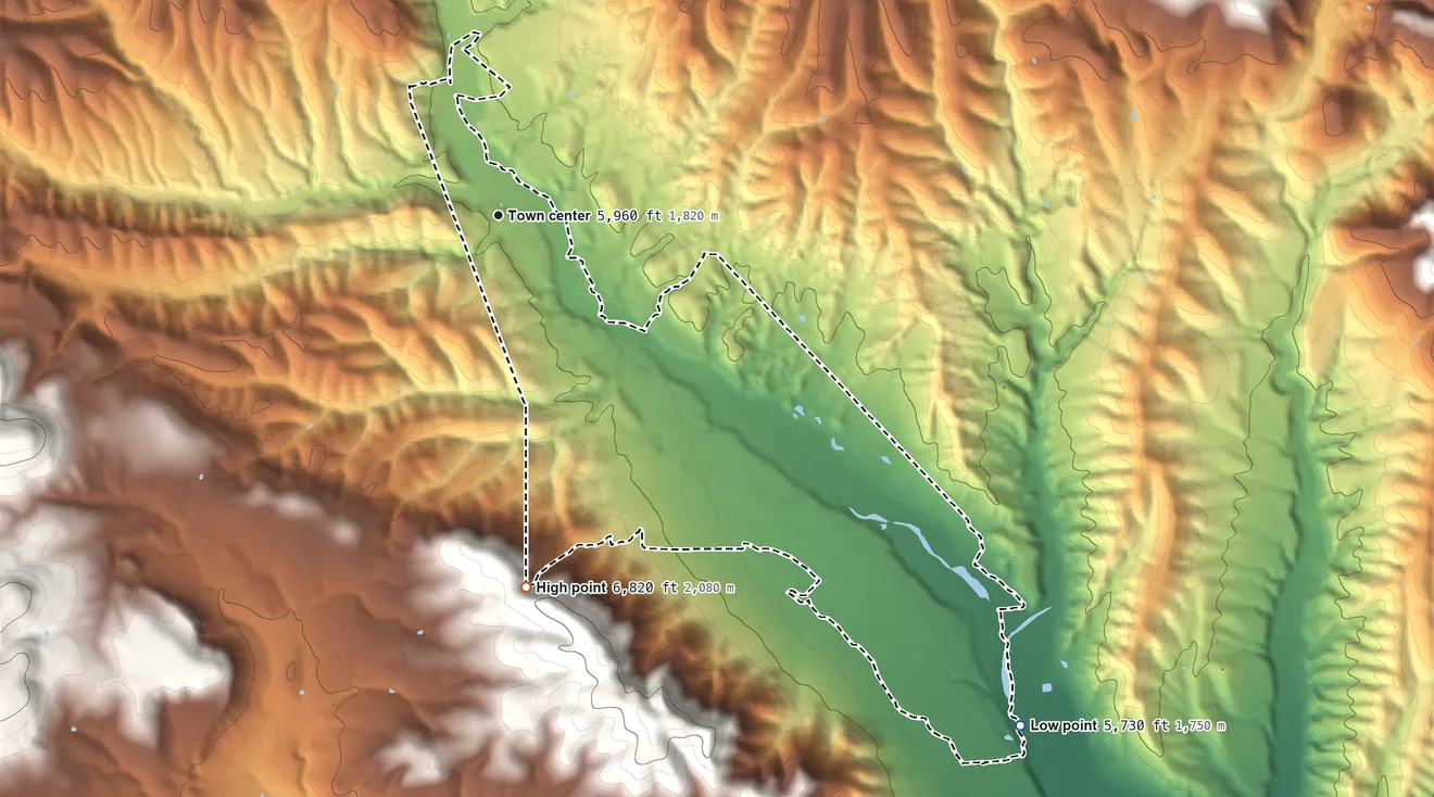 Topographic elevation map of Mimbres, New Mexico, shaded from 5,730 ft on the southeast side to 6,820 ft at the foot of the Mimbres Mountains