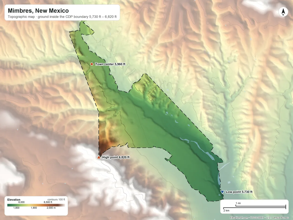 Topographic elevation map of Mimbres, New Mexico, shaded from 5,730 ft on the southeast side to 6,820 ft at the foot of the Mimbres Mountains