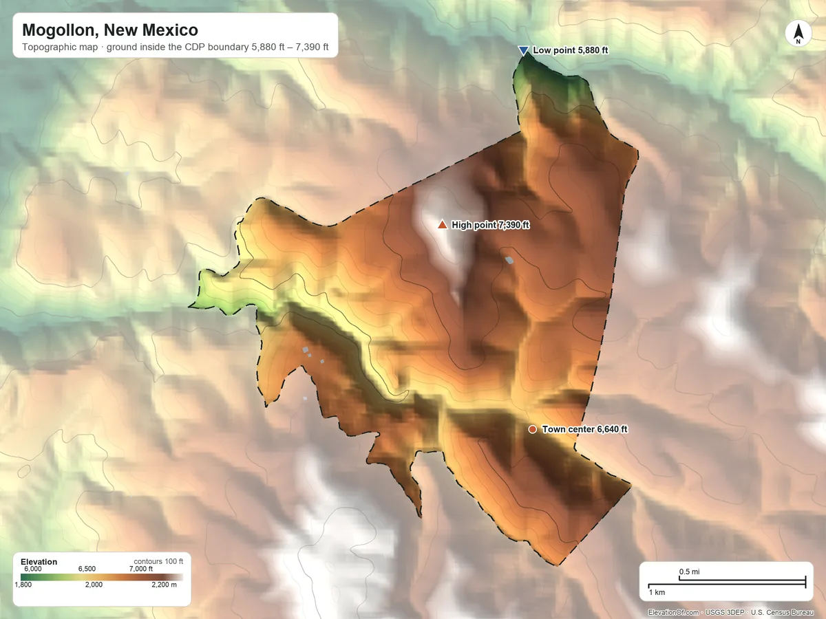 Topographic elevation map of Mogollon, New Mexico, shaded from 5,880 ft on the north side to 7,390 ft on Fannie Hill