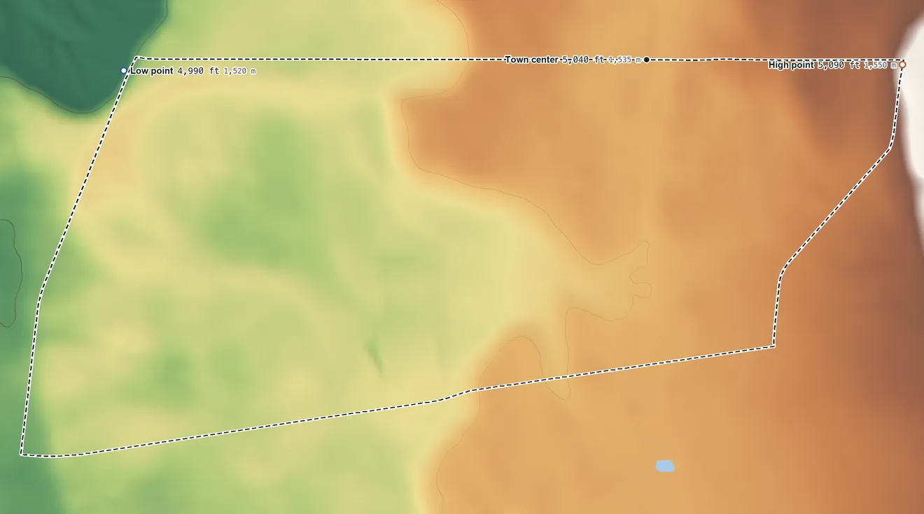 Topographic elevation map of Monterey Park, New Mexico, shaded from 4,990 ft on the west side to 5,090 ft on the east side