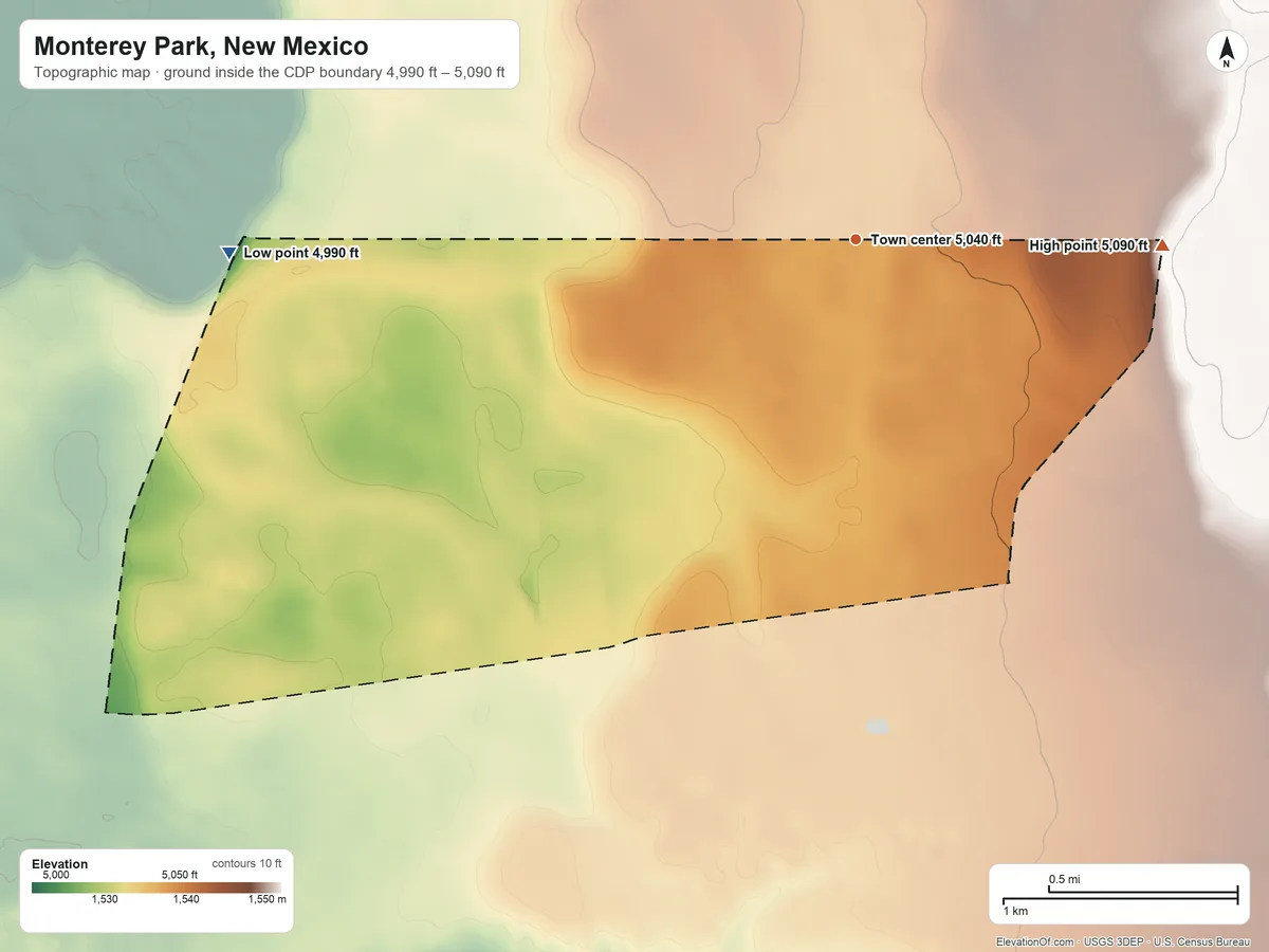 Topographic elevation map of Monterey Park, New Mexico, shaded from 4,990 ft on the west side to 5,090 ft on the east side
