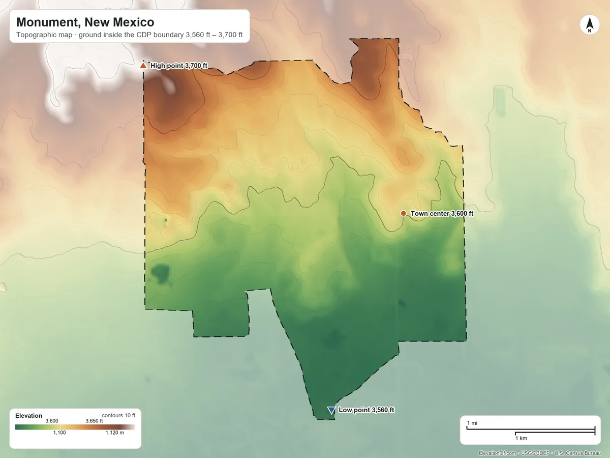 Topographic elevation map of Monument, New Mexico, shaded from 3,560 ft on the south side to 3,700 ft on the northwest side
