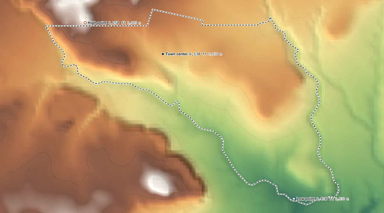 Topographic elevation map of Moquino, New Mexico, shaded from 6,010 ft on the southeast side to 6,250 ft at the foot of the San Mateo Mountains