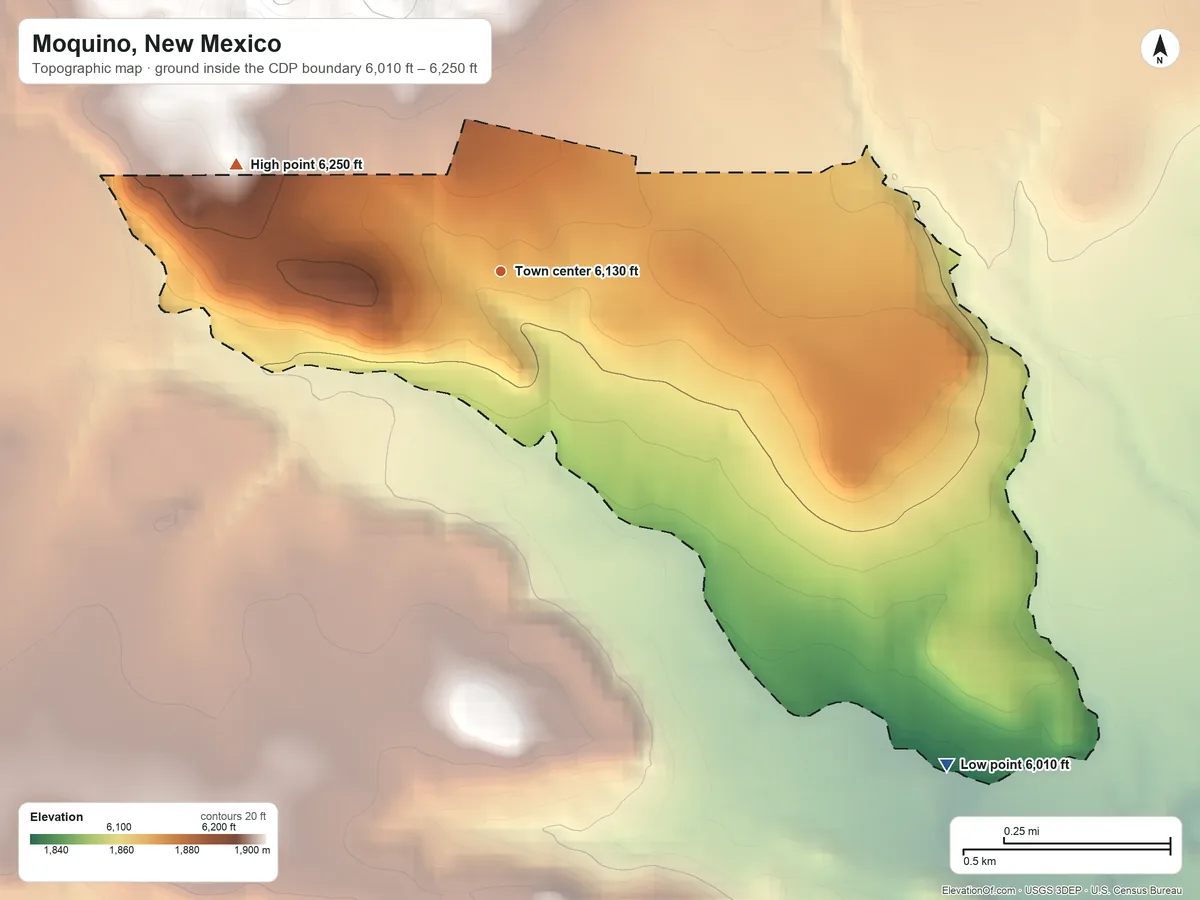 Topographic elevation map of Moquino, New Mexico, shaded from 6,010 ft on the southeast side to 6,250 ft at the foot of the San Mateo Mountains
