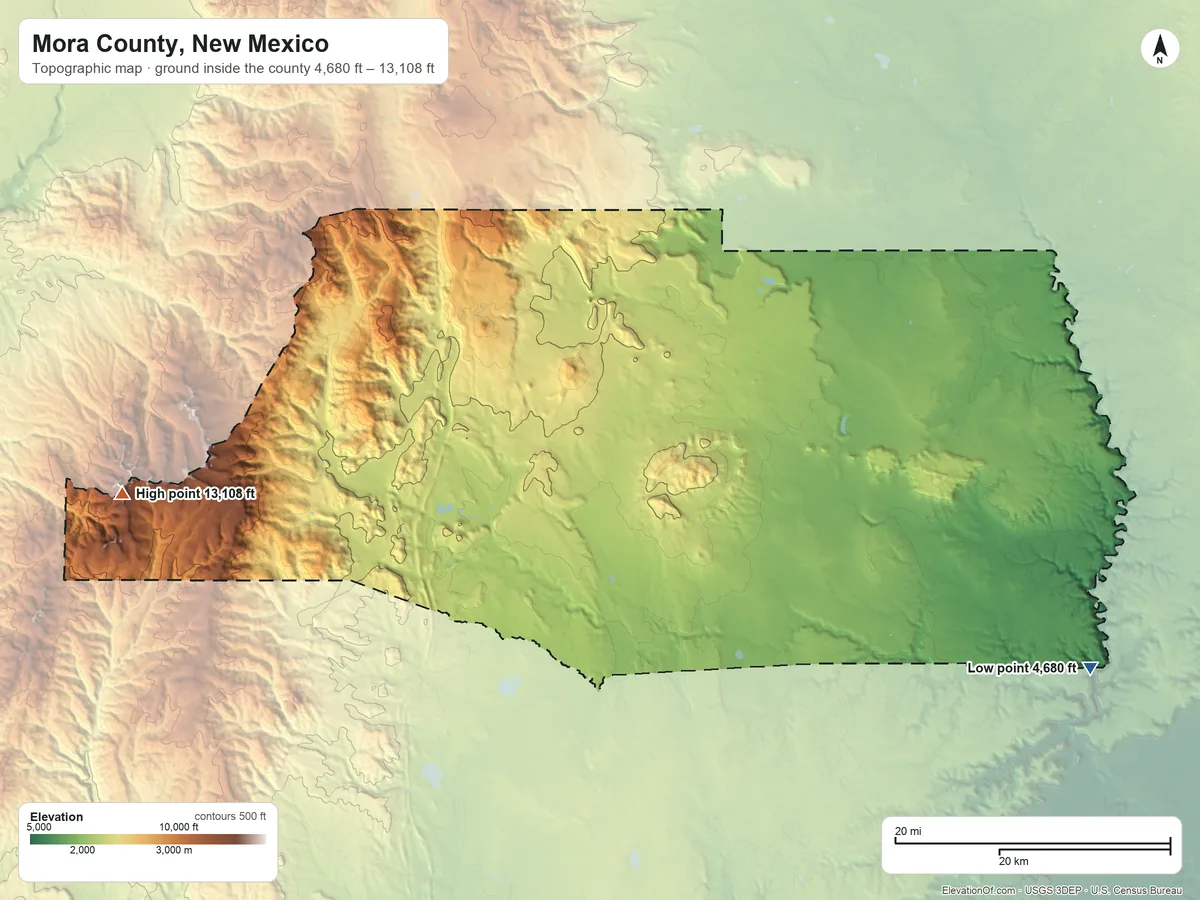 Topographic elevation map of Mora County, New Mexico, shaded from 4,680 ft on the southeast side to 13,108 ft on Truchas Peak